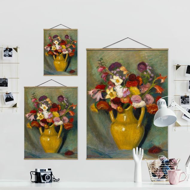 Fabric print with poster hangers - Otto Modersohn - Colourful Bouquet in Yellow Clay Jug