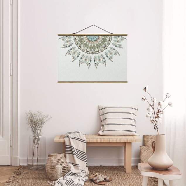 Fabric print with poster hangers - Mandala Watercolour Feathers Semicircle Blue Green