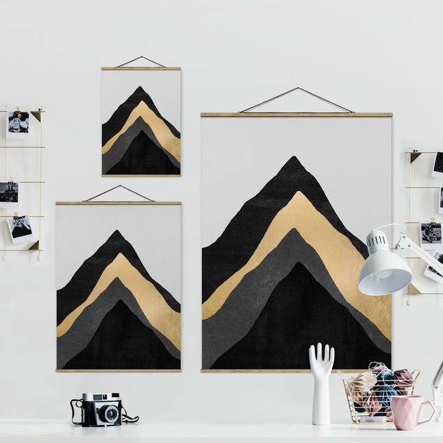 Fabric print with poster hangers - Golden Mountain Black White