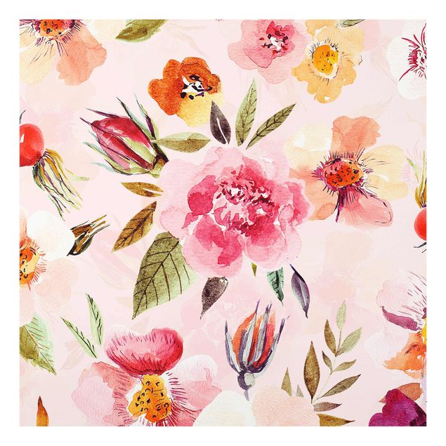 Splashback - Watercolour Flowers On Light Pink - Square 1:1