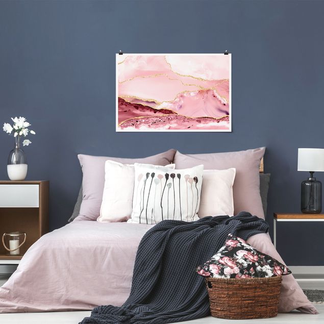 Poster - Abstract Mountains Pink With Golden Lines