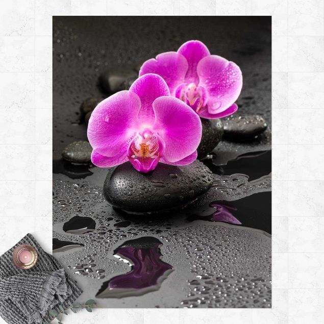 outdoor balcony rug Pink Orchid Flower On Stones With Drops