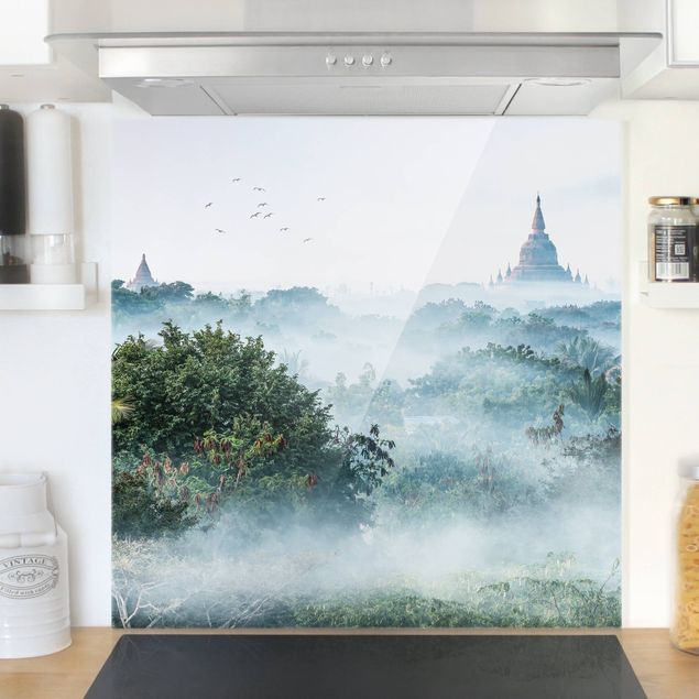 Glass splashback architecture and skylines Morning Fog Over The Jungle Of Bagan
