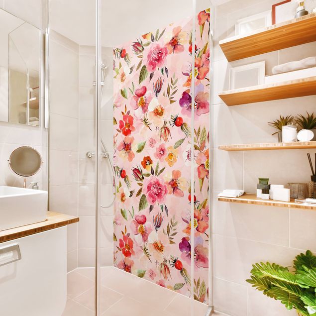 Shower wall cladding - Watercolour Flowers On Light Pink