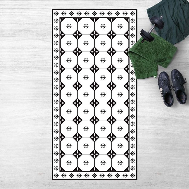 Balcony rugs Geometrical Tiles Cottage Black And White With Border