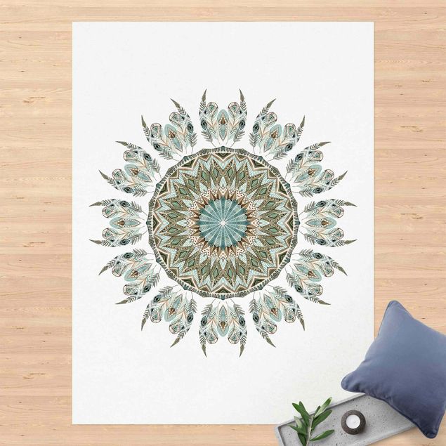 outdoor balcony rug Mandala Watercolours Feathers Hand Painted Blue Green
