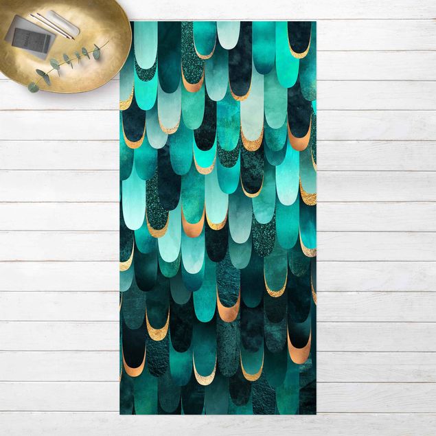 outdoor balcony rug Feathers Gold Turquoise