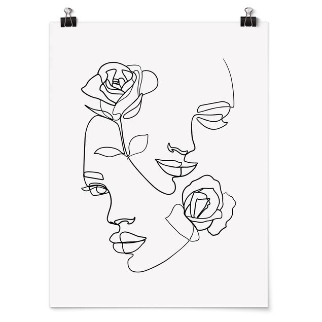 Poster - Line Art Faces Women Roses Black And White