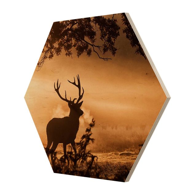 Wooden hexagon - Deer In The Winter Forest