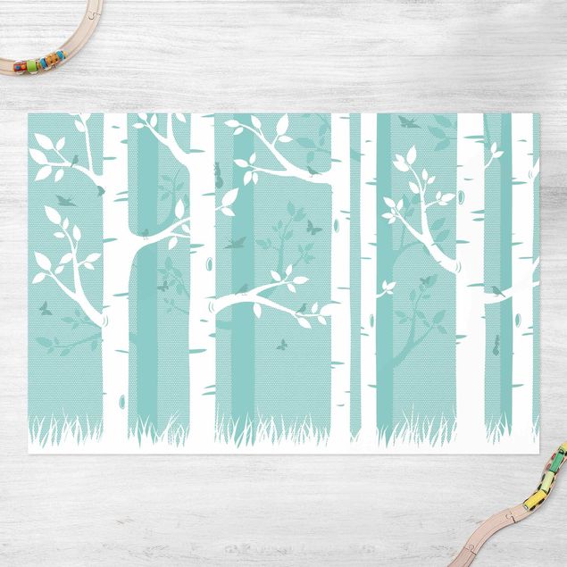 outdoor balcony rug Green Birch Forest With Butterflies And Birds