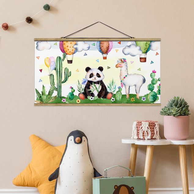 Fabric print with poster hangers - Panda And Lama Watercolour
