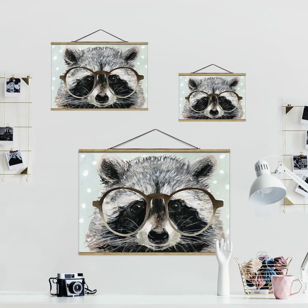 Fabric print with poster hangers - Animals With Glasses - Raccoon