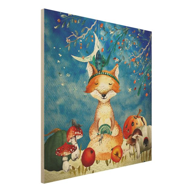 Print on wood - Watercolour Fox In Moonlight