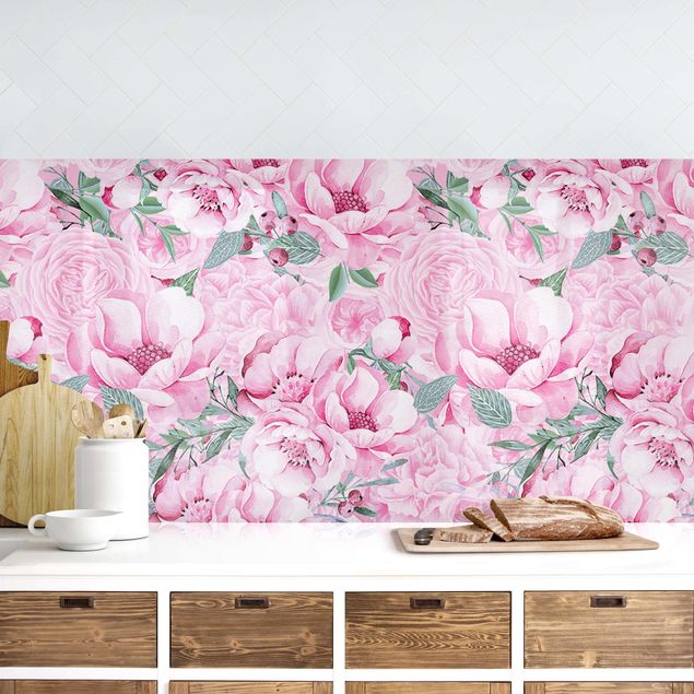 Kitchen splashback patterns Pink Flower Dream Pastel Roses In Watercolour