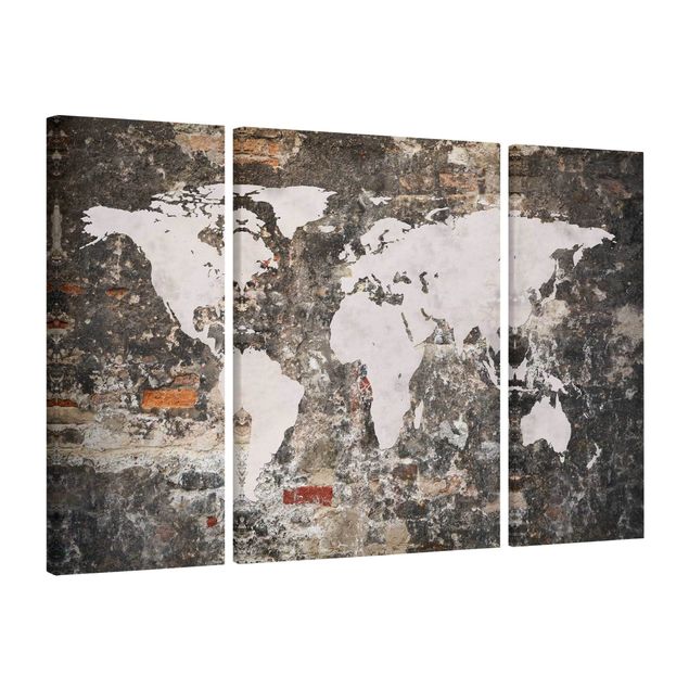 Print on canvas 3 parts - Old Wall World Map