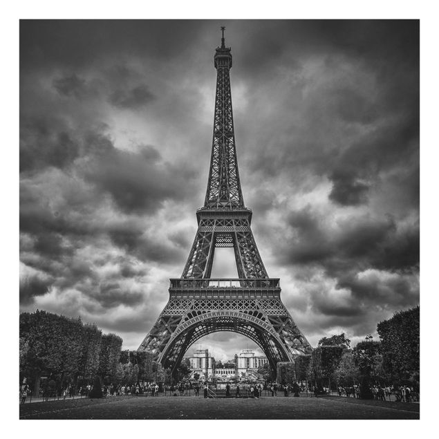 Glass Splashback - Eiffel Tower In Front Of Clouds In Black And White - Square 1:1