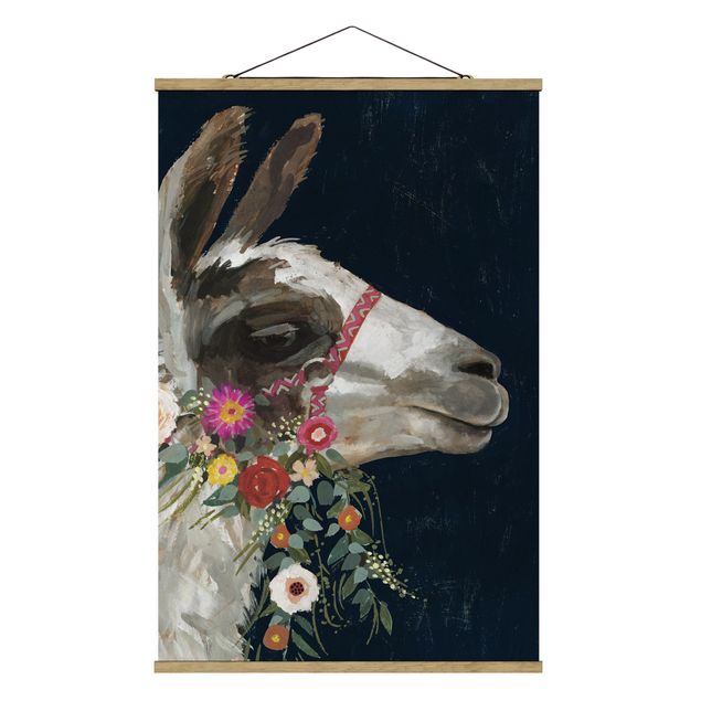 Fabric print with poster hangers - Lama With Floral Decoration I