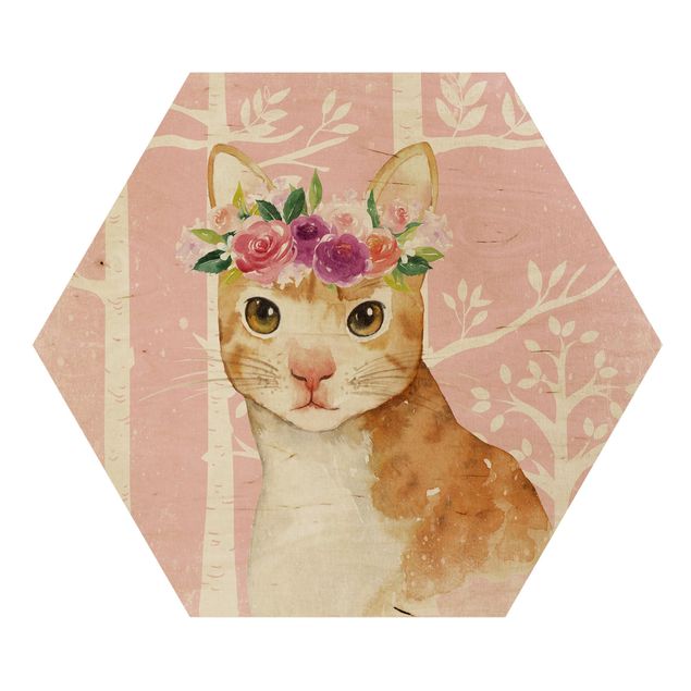 Hexagon Picture Wood - Watercolor Cat Pink