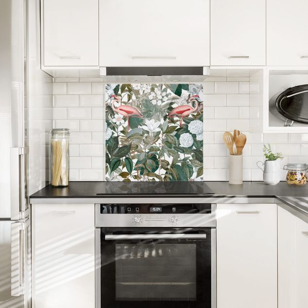 Glass splashback kitchen flower Pink Flamingos With Leaves And White Flowers