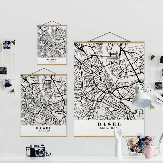 Fabric print with poster hangers - Basel City Map - Classic