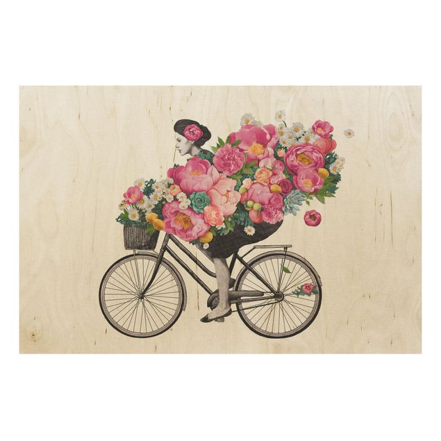 Print on wood - Illustration Woman On Bicycle Collage Colourful Flowers