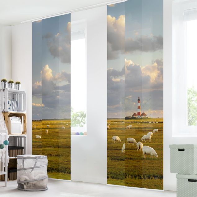 Sliding panel curtains set - North Sea Lighthouse With Flock Of Sheep