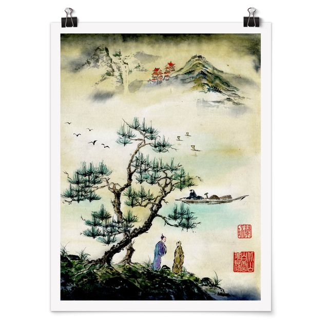Poster - Japanese Watercolour Drawing Pine And Mountain Village