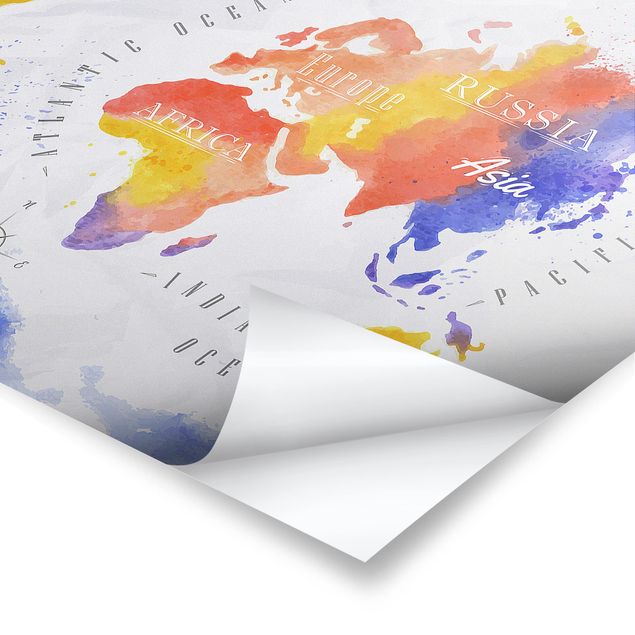 Poster - World Map Watercolour Purple Red Yellow