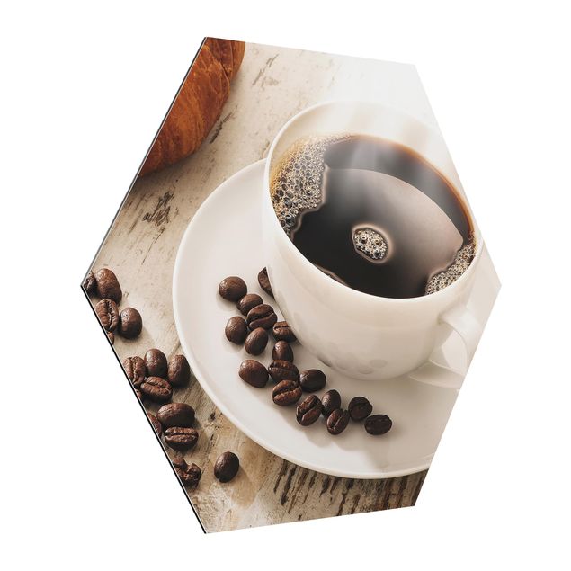 Alu-Dibond hexagon - Steaming coffee cup with coffee beans