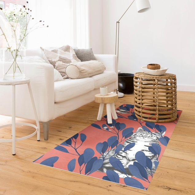 Outdoor rugs Illustration Cat and Bird On Branch Blue Red