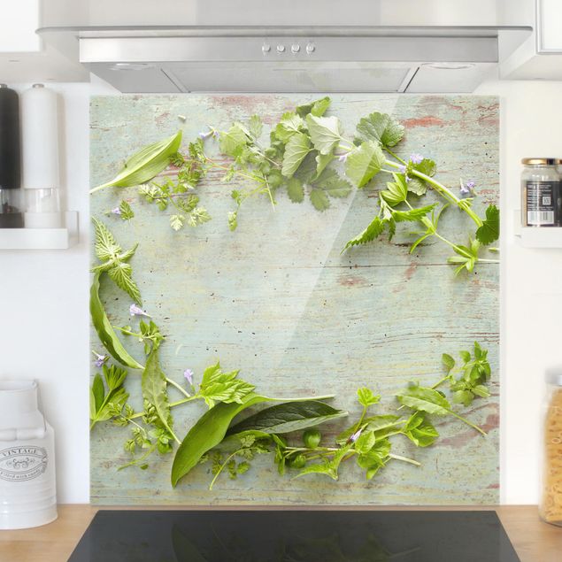 Glass splashback spices and herbs Wild Herbs On Wood