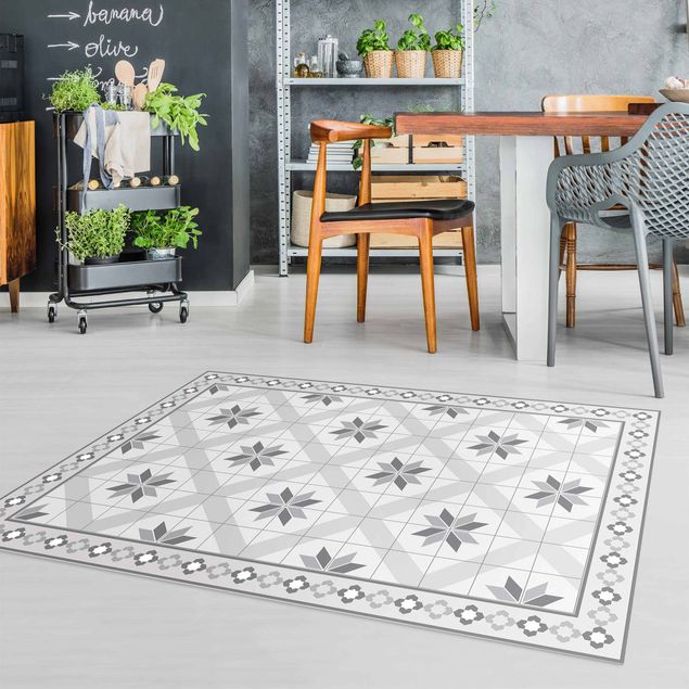 outdoor mat Geometrical Tiles Rhombal Flower Grey With Border
