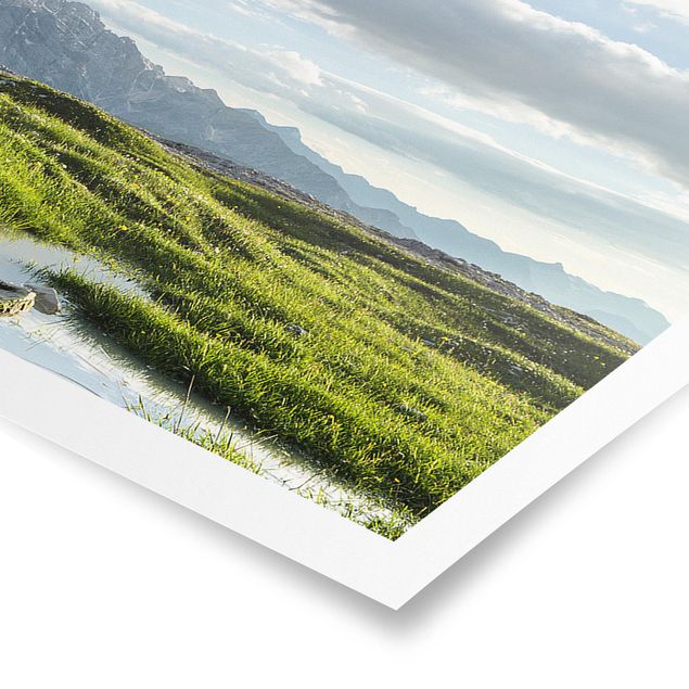 Panoramic poster nature & landscape - South Tyrolean Zinnen And Water Reflection