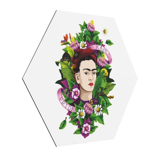 Alu-Dibond hexagon - Frida Kahlo - Frida, Monkey And Parrot