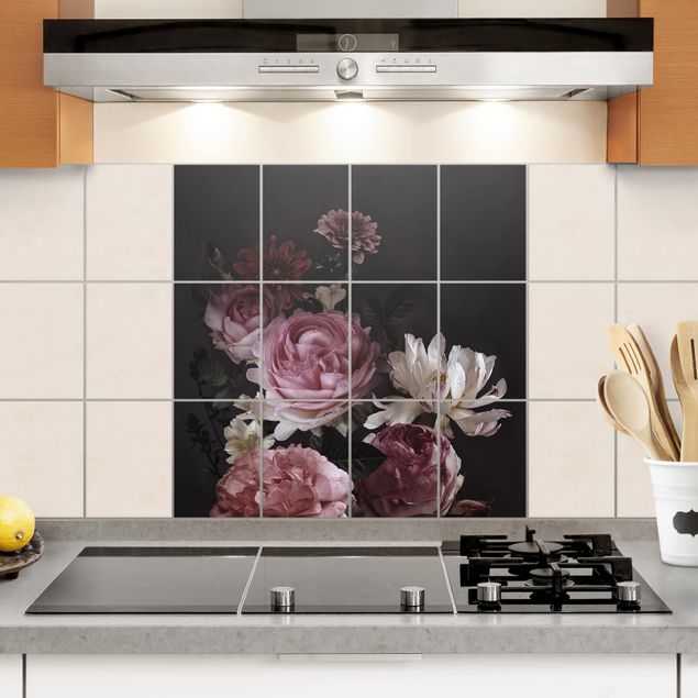 Tile sticker with image - Pink Flowers On Black