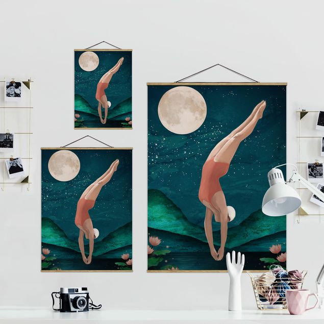 Fabric print with poster hangers - Illustration Bather Woman Moon Painting