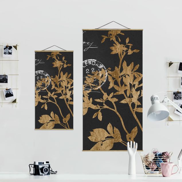Fabric print with poster hangers - Golden Leaves On Mocha II
