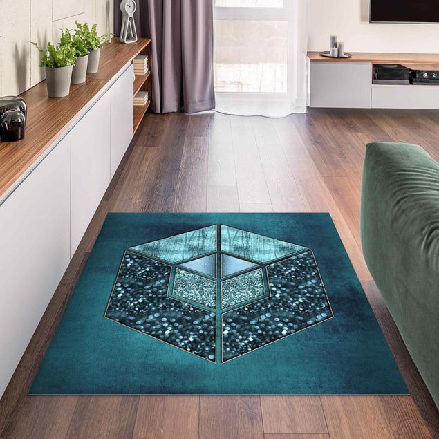 Outdoor rugs Blue Hexagon With Golden Contour