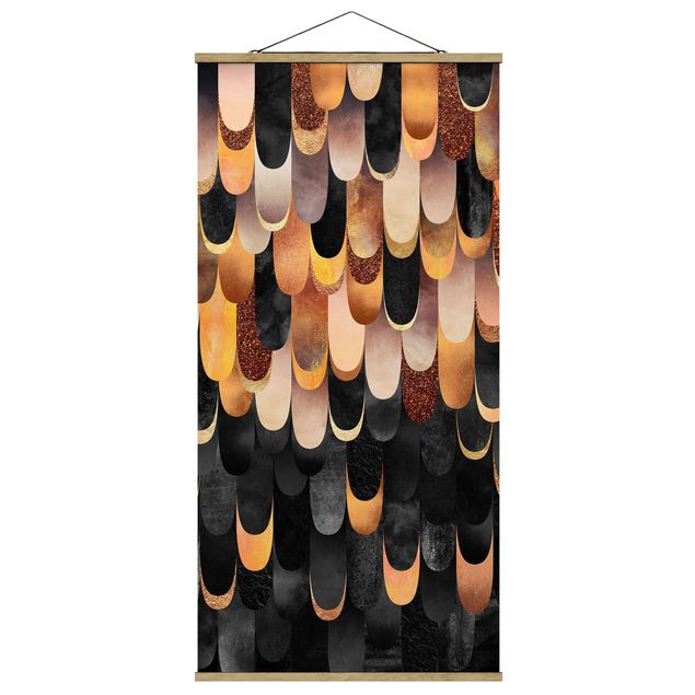 Fabric print with poster hangers - Feathers Bronze Black
