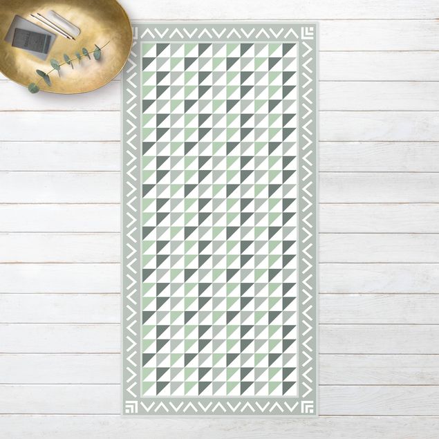 balcony mat Geometrical Tiles Small Triangles Olive green with Border