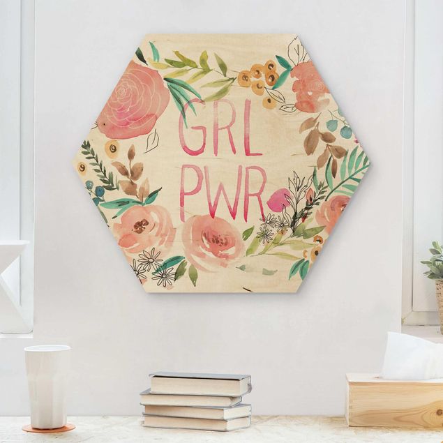 Wooden hexagon - Pink Flowers - Girl Power