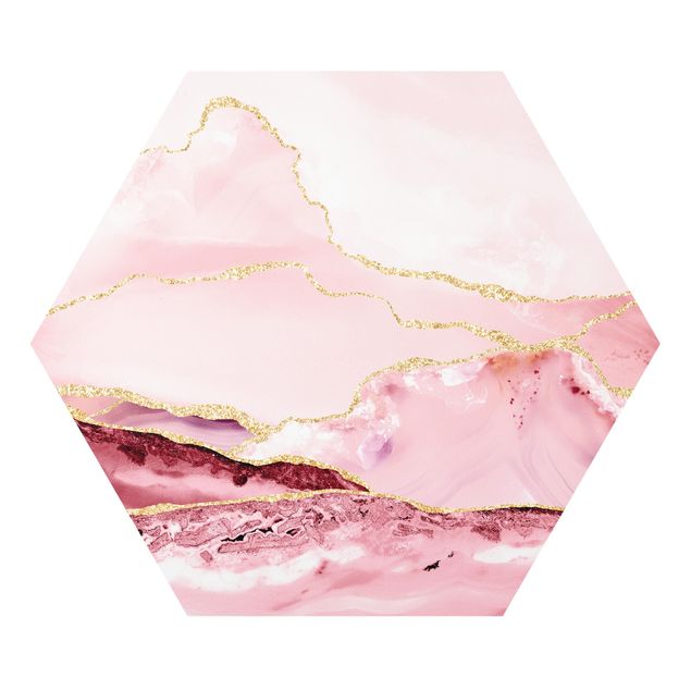 Hexagon Picture Forex - Abstract Mountains Pink With Golden Lines