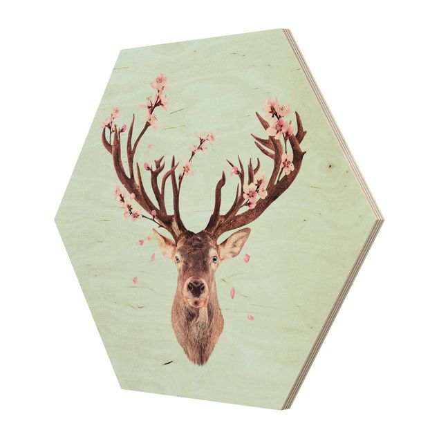 Wooden hexagon - Deer With Cherry Blossoms