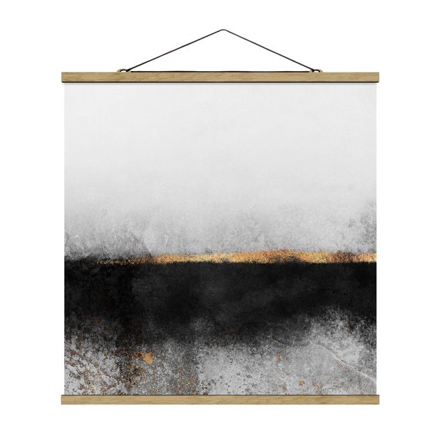 Fabric print with poster hangers - Abstract Golden Horizon Black And White