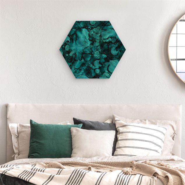 Hexagon Picture Wood - Turquoise Drop With Glitter