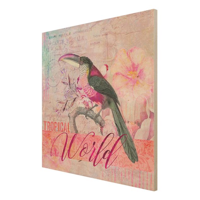 Print on wood - Vintage Collage - Tropical World Tucan