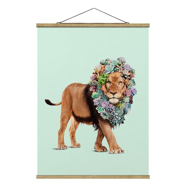 Fabric print with poster hangers - Lion With Succulents