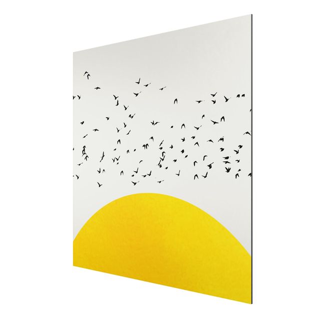Alu-Dibond print - Flock Of Birds In Front Of Yellow Sun