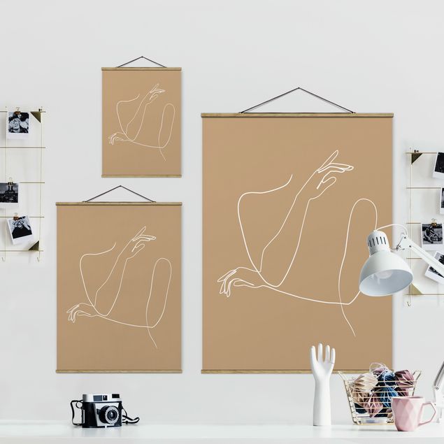 Fabric print with poster hangers - Line Art Hands Woman Beige