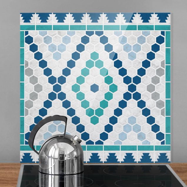 Glass splashback tiles Moroccan tile pattern turquoise blue